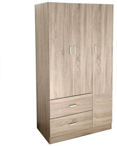 MA MAISON Armadio Guardaroba - 3 Ante, 2 Cassetti, Ripiani, Appendiabiti Alto, Maniglie, Struttura in Legno Truciolare, Spazioso, Salvaspazio, Cabina Armadio Grande - 120 x 52 x 190 cm (Rovere)