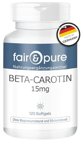 Fair & Pure Beta-caroteno cápsulas blandas 15mg, 120 unidades, complemento alimenticio sin aditivos, fabricado en Alemania.