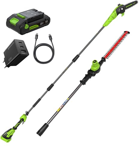 Greenworks Tagliasiepi a asta + sega 2-in-1 24V con batteria 4,0Ah & caricabatterie USB-C 65W, motore brushless, lama 51 cm, sega 20 cm, testa rotante 112,5°, asta 3 pezzi CKPH321A2
