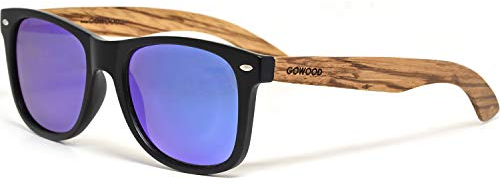 Sonnenbrille Damen & Herren Holz | Premium Zebraholzbügel Schwarzer Acetatrahmen | Holzbrille UV400 Polarisiert Gläser | Damen & Herren Sonnenbrille UV Schutz | (blau)