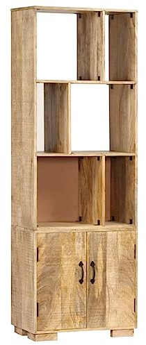 vidaXL Solid Mango Wood Bookshelf with Cabinet - ic Farmhouse Style Wooden Bookcase with Multiple Compartments - Brown