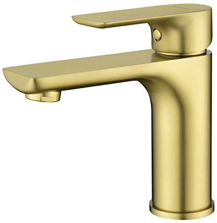 SHAMANDA Messing-Badezimmerarmatur, Einzelgriff, ein Loch, gebürstetes Gold, Badezimmer-Spülbecken-Wasserhahn mit CUPC-Wasserversorgungsleitungen, LB201-3
