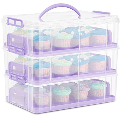 Flexzion 36 Cupcake Carrier 3 Tier Stackable Storage Container Collapsible Cake Carrier with Lid and Handle, Reusable Rectangular Plastic Dessert Travel Container, Display Holder Transport Box