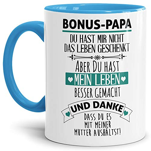 Tasse mit Spruch - Danke Bonus Papa - Kaffeetasse/Spruchtasse/Bester Stiefpapa/Geschenk Stiefvater - Innen & Henkel Hellblau