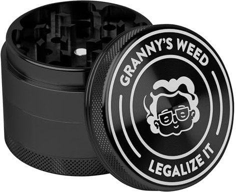 Granny‘s Premium Aluminium Grinder | messerscharfes Mahlwerk | 4-teilig | inkl. Pollenschieber | Kräutermühle in Schwarz u. weitere edle Designs | ∅ 5,5 cm