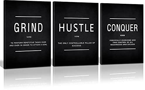 KAWAHONE Inspirations-Wandkunst, groß, Grind Hustle Conquer Zitate Poster gerahmtes Erfolg Gemälde Bild Wandschild für Zuhause Büro Arbeitsplatz Wandbehang - 61 cm B x 91 cm H x 3 Stück