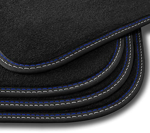 Bär-AfC Auto Fußmatten Premium passend für Renault Megane 4 ab 2016, Autoteppiche Velours Schwarz, Nubuk Band Schwarz, Doppelnaht Blau + Weiß, Set 4-teilig, RE60751