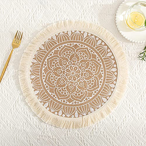 Rund Gewebte Platzset,Boho Tischsets,Jute Tischsets mit Mandala Quaste,Böhmen Farmhouse Retro Restaurant Tischdekoration Platzdeckchen Tischsets für Hochzeit Festival Party Küche Speisetisch,4er Set O
