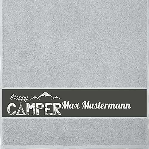 Manutextur Handtuch mit Namen - personalisiert - Motiv Happy Camper - Light Gray - 50x100 cm - persönliches Geschenk