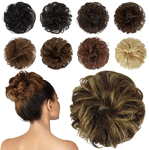 FESHFEN Chignon Capelli Veri, 100% Veri Umani Ondulato Chignon Facile per Capelli Elastici Naturale Posticci Capelli Chignon Extension per Donna, Marrone & Biondo