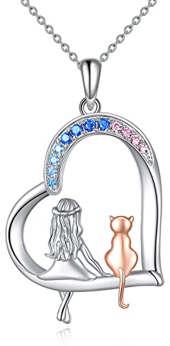 YAFEINI Katze Kette Mädchen Anhänger Katze Halskette 925 Sterling Silber Schmuck Geschenke für Damen Mädchen Tochter (Katze mädchen halskette)