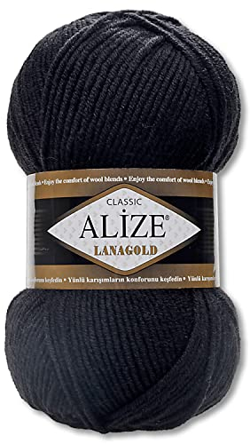 Wohnkult Alize 100 g Lanagold Premium Wolle 51 Auswahl Mützen Decken Kleidung Accesoire (60 | Schwarz)