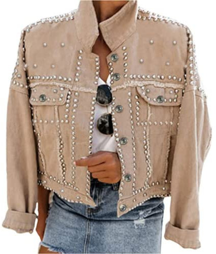 Omoone Damen Lange Ärmel Nieten Nieten Denim Jacke Casual Gewaschene Perle Kurz Jean Mantel, khaki, Small