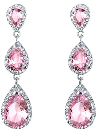 EVER FAITH Damen Zirkonia Hochzeit Braut 3 Teardrop lange baumeln Ohrringe Rosa Silber-Ton