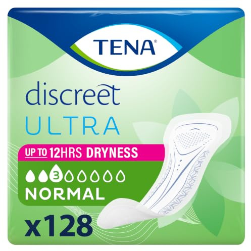TENA Discreet Ultra Incontinence Pads, Normal (128 Count) | For Women Experiencing Light Bladder Weakness, Longer Length, Triple Protection Against Leaks, Odour & Moisture
