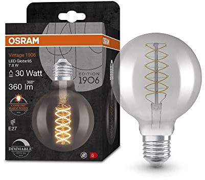 OSRAM Lamps 1906 LED-Lampe mit Smoke-Tönung, 7,8W, 360lm, Kugel-Form mit 95mm Durchmesser&E27-Sockel, warmweiße Lichtfarbe, spiralförmiges Filament, dimmbar,bis zu 15Stunden Lebensdauer, 4058075761216