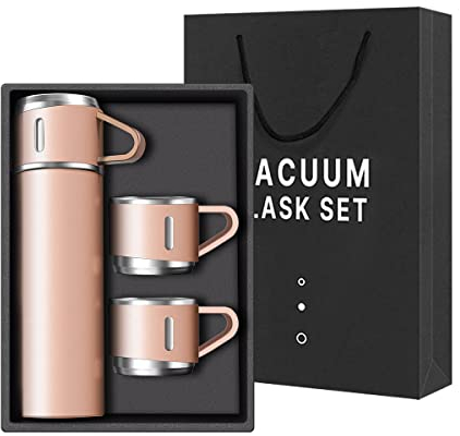 Coffee Thermos Botella de agua aislada al vacío de acero inoxidable, botella aislada de 500 ml/16 onzas con taza para bebidas frías y calientes (rosa, tres tazas)