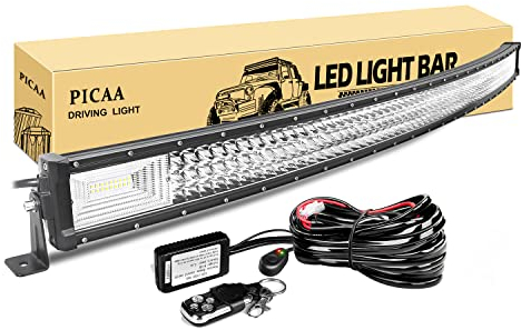 PICAA Led Arbeitsscheinwerfer 52 Zoll 675W Gewolbt Led Lichtbalken 12V Mit Fernbedienung Kabelbaum DREI Reihen Led Zusatzscheinwerfer Bar LED Arbeit Licht Bar für SUV Offroad ATV UTV Traktor 4x4 Auto