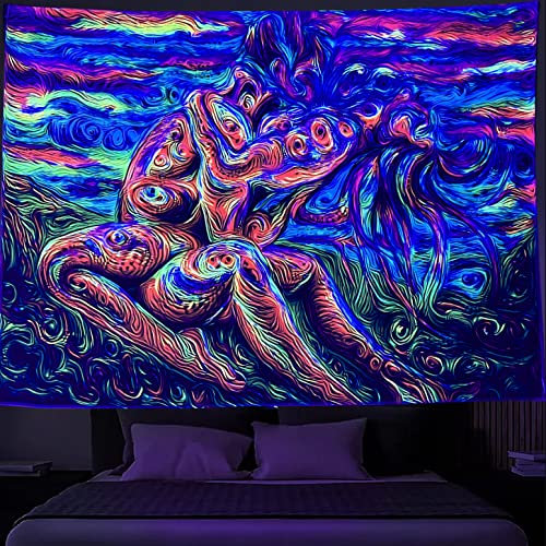 SparkLia Schwarzlicht-Liebhaber-Wandteppich, bunte abstrakte Kunst der Liebe, Kuss, UV-Reaktiv, Trippy Neon-Wandteppich, Hippie, sexy Frau, Heimdekoration für Schlafzimmer, 130x150 cm