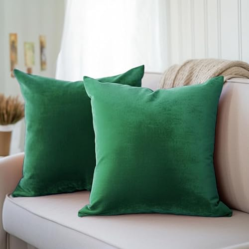 Encasa XO Kissenbezüge aus Samt - 2er-Set (40x40 cm) - Grün- Uni gefärbt, weich & glatt, waschbar, quadratisch, großer Wurfkissenbezug für Couch, Sofa, Stuhl, Bett und Wohnbereich