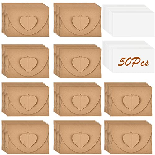 50 Stück Kraftpapier Umschläge mit 50 Stück Blanko Kartenset, Klein Briefumschlag,Mini Kraftpapier Briefumschläge mit Herz Verschluss für DIY Dankeskarten Einladung Geburtstagskarten