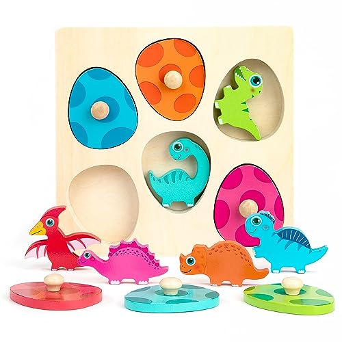 Holzpuzzle Montessori Dino Jigsaw Holzspielzeug Kinder Steckpuzzle Greifpuzzle Motorikspielzeug Sortierspiel Geschenk für Jungen Mädchen ab 3 4 5 Jahren