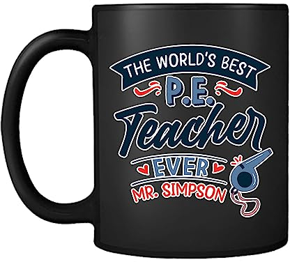 P.E. Teacher Gift, Personalised The Worlds Best P.E. Teacher Gift, Coffee Mug,Tea Mug, 11oz Ceramic Black Satin Cup/Mug.