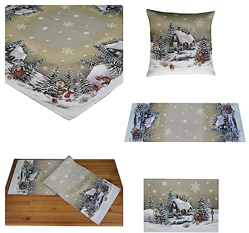 Tischdecke Mitteldecke Tischläufer Tischset Kissenhülle Weihnachten Gobelin Winterdorf beige braun Töne Baumwollmischung (40 x 100 cm)