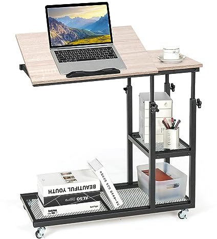 CASART Sofa Side Table, Height Adjustable Industrial Rolling Laptop Desk with 360° Wheels, Tilting Top and Shelves, C-Shaped Mobile Coffee Tea Table for Living Room Bedroom(Natural with Tilting Top)