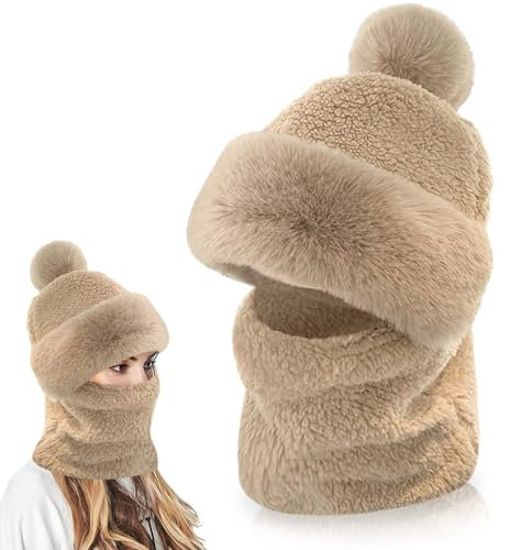 Casenly Wintermütze Damen, 2 in 1 Frauen Flanell Schalmütze Winddicht Hut Schal Warme Weichem Gefüttert für Outdoor für Damen Winddichte Mütze Kälteschutz Skimütze