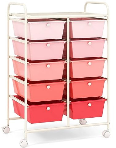 COSTWAY 10 Drawers Storage Cart, Multipurpose Mobile Organizer Shelving Unit with Handle, Removable Drawers & Lockable Wheels, Utility Rolling Trolley for Home Office Beauty (Gradient Pink)