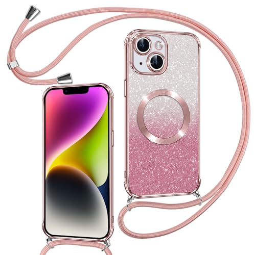 Phoona Cover Magnetica Glitter per iPhone 14 con Cordino, Rosa | [Compatibile con MagSafe] Brillantini Sottile Lucida TPU Silicone Custodia Antiurto Laccio Tracolla Protettiva