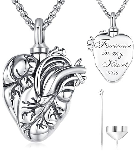 Urne Halskette für Asche 925 Sterling Silber Asche Anhänger Kette Memorial Einäscherung Schmuck Geschenke für Herren Damen, Asche Schmuck mit Füllset (Herz Lebensbaum)