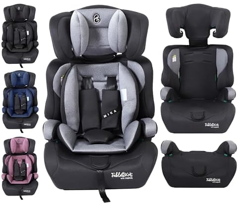 FableKids Kinderautositz 9-36 kg | 3-Punkt-Sicherheitsgurt | Autokindersitz ab 15 M. | Autositz für Kinder 76-150 cm | Kindersitz einstellbare Kopfstütze ECE R129/03 | Verstellbar | Grau