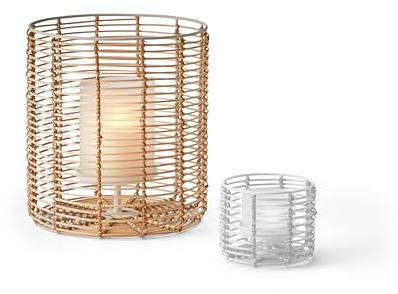 Cane Teelichthalter oder Windlicht - Schilfrohr - Stahl - Mattes Borosilikatglas (Windlicht S)