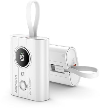 AsperX Power Bank 10000mAh,PD 30W Power Bank mit Eingebautem USB-C Input&Output Kabel Akkupack Mini Klein Aber Stark Externe Handyakkus Schnellladefunktion für iPhone 15 14 Samsung S23 iPad,Weiß