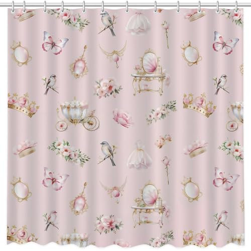 MEHOFOND 72x72inch Pink Shower Curtain Princess Rose Fairy Tale Bathroom Liner Bathtub Accessories Home Decor with Hooks
