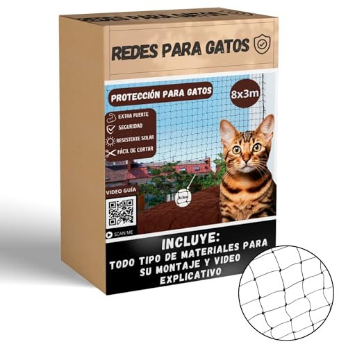 FR3 ® Rete per gatti 3x8 colore nero | 12 fili in PE più 1 filo di acciaio | Rete per gatti terrazza | Evita la caduta o la fuga del tuo gatto | Adatto per finestre, balconi e terrazze.