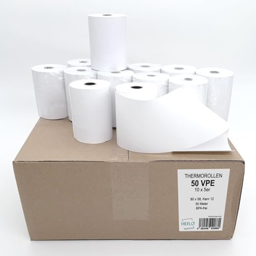 50 x Thermorollen 80 mm x 50 m x 12 mm Kern, Ø 59 mm | BPA-frei & FSC-Mix zertifiziert | Kassenrollen für Epson, Bixolon, Star, Citizen, Orderman u.v.m. | Thermopapier Made in Germany