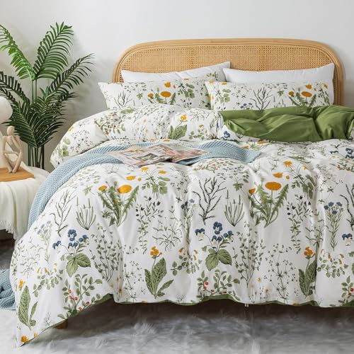 Lanqinglv Bettwäsche 220x240 cm Blumen Grün Weiß Pflanzenmuster Wende Bettwäsche Set Bettzeug mit mit Reißverschluss und 2 Kissenbezug 80x80cm,ÖkoTex Zertifiziert & für Allergiker Geeignet