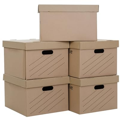 ENE-BOX! 15.5x13x11.5 (395x330x295mm) (Pack of 5) Pack of Durable Archive Boxes - Storage Boxes with Handles - Easy Assembly, Integral Lids - Triple Wall Sides for Stacking & Racking.