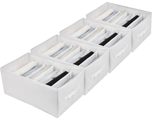 Lucoridy 4PCS Large Wardrobe Storage Organiser 6 Compartments Clothes Storage Boxes for Jeans Pants Sweater Shirt - Clothing Dividers Organizer for Shelf, Closet, Bedroom (White)