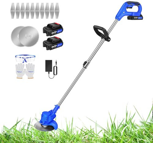 Cordless Strimmer for Garden Lawn, Garden Strimmer Cordless, 21V Grass Trimmer, Eelectric Strimmer with 1.5Ah Battery and Charger, Metal Blade Strimmer for Edging, Mowing, Sawing of Lawn and Shrubs