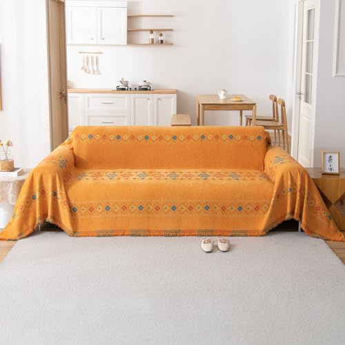 VanderHOME Bohemian Chenille Couch Überwurf, Sofa Überzug 1/2/3/4 Sitzer, Multifunktionaler Sofabezug, Doppelseitige Sofa Cover Couch Überwurf für Sofa und Bett 180 * 300cm-Orange