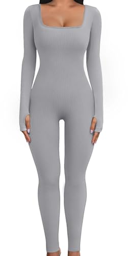 UMIPUBO Jumpsuit Damen Lang Sport Yoga Bodysuit Overall Stretch Playsuits Quadratischer Hals Langarm Bodycon Strampler Sportkleidung Damen Set(Hellgrau,L)