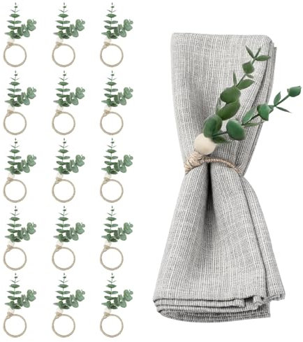 Eucalyptus Napkin Rings, 15 Pcs Farmhouse Napkin Rings Table Decor,Rustic Green Leaf Napkin Ring Holder for Wedding Family Dinner Party Christmas Thanksgiving Day