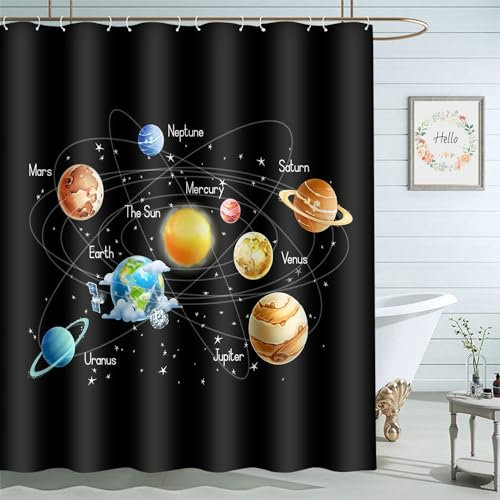 Moslion Planeten Duschvorhänge, Universum, Weltraum, Galaxie, Mars, Erde, Sonne, Badezimmer, Vorhang, wasserdicht, mit Haken, 183 x 183 cm, für Männer, Frauen, Jungen, Mädchen