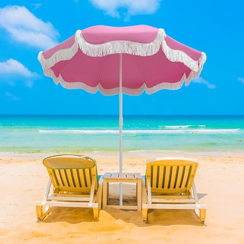 Parasol de plage Parapluie rose extérieur 5,9 pieds inclinable parasol de plage portable avec frange UPF50 + parasol de table imperméable parasol de piscine 8 nervures sac de transport pour parasol d