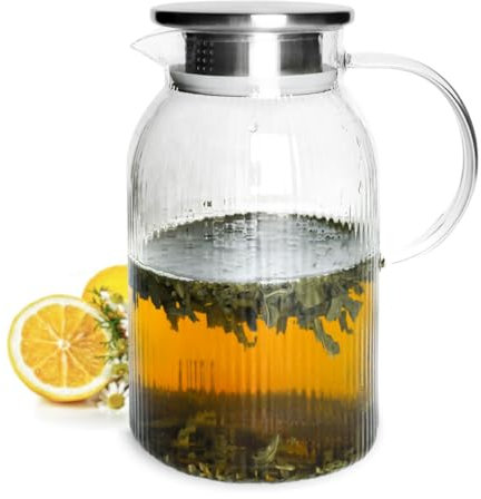 Sendez Glaskaraffe 1,5L mit Edelstahl Filter und Relief Wasserkrug Wasserkaraffe Glaskrug