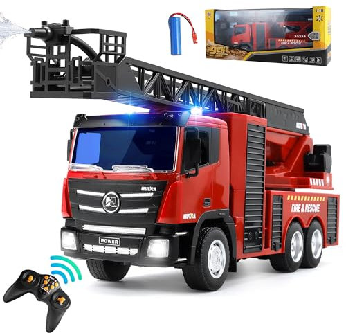 Joellfuner Spielzeug Feuerwehrauto Groß, 1:18 2,4G Feuerwehr Ferngesteuert, Feuerwehr Auto mit Drehleiter und Spritzfunktion, Feuerwehrauto Spielzeugauto mit Licht, 4 Radantrieb
